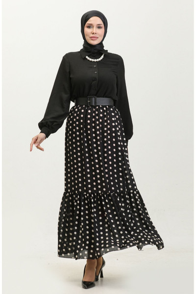 Puantiye Desenli Büzgülü Vual Etek 0343C-01 Siyah