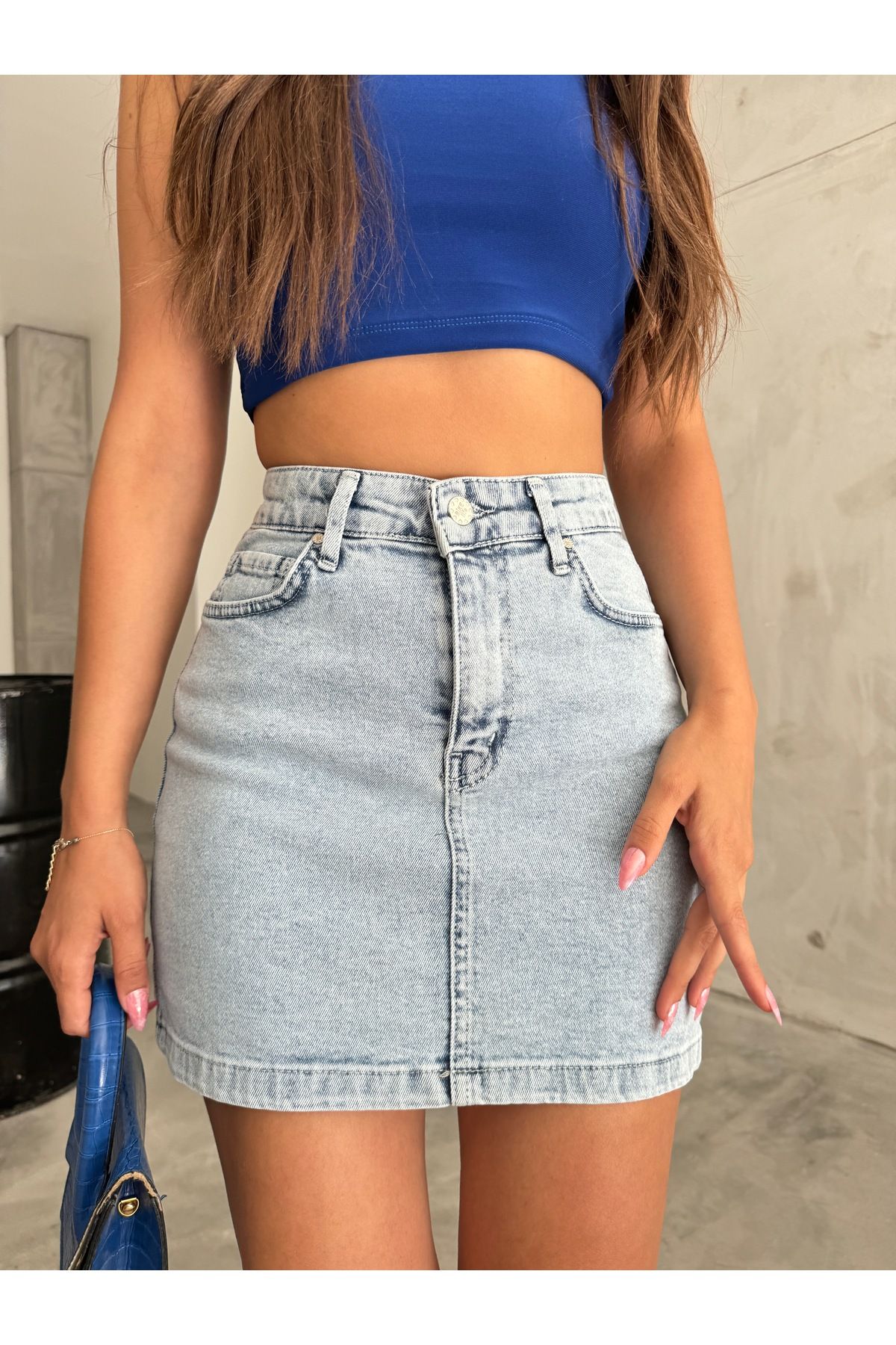 Kadın Yüksek Bel Mini Kot Denim Etek