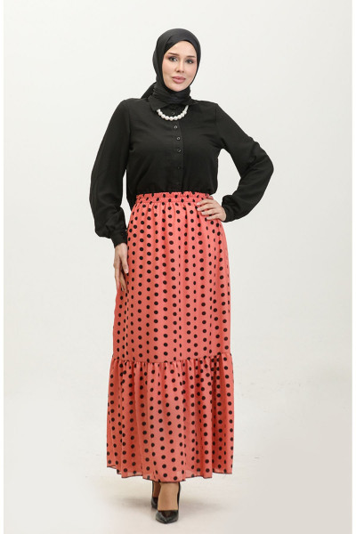 Puantiye Desenli Büzgülü Vual Etek 0343C-04 Nar Çiçeği