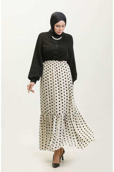 Puantiye Desenli Büzgülü Vual Etek 0343C-02 Ekru