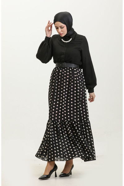 Puantiye Desenli Büzgülü Vual Etek 0343C-01 Siyah