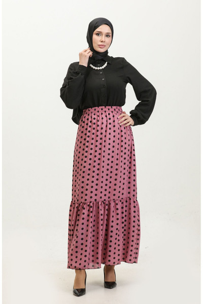 Puantiye Desenli Büzgülü Vual Etek 0343C-03 Lila