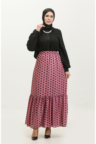 Puantiye Desenli Büzgülü Vual Etek 0343C-03 Lila