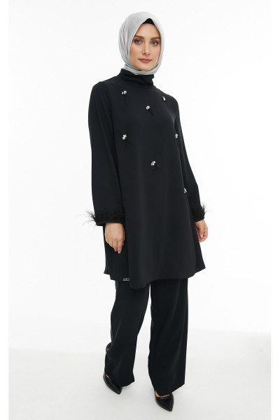 Siyah Dikme Taş Ve Tüy Detaylı Takım 2427119 Siyah Dikme Taş Ve Tüy Detaylı Takım 2427119