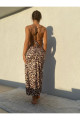 Kadın Sırttan Bağlamalı Göğüs Dekolteli Derin Yırtmaçlı Leopar Seksi Fantezi Elbise
