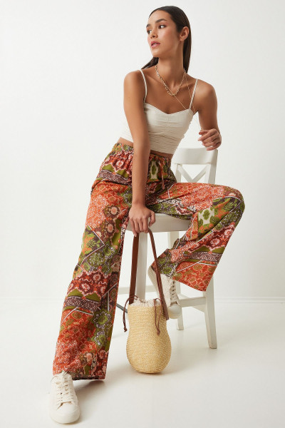 Kadın Yeşil Kiremit Desenli Dökümlü Viskon Palazzo Pantolon EN00606