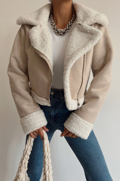 Kürk Yaka Süet Biker Ceket Bej Kürk Yaka Süet Biker Ceket Bej