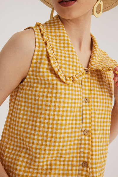 Sarı Bebe Yaka Kolsuz Ekoseli Bluz