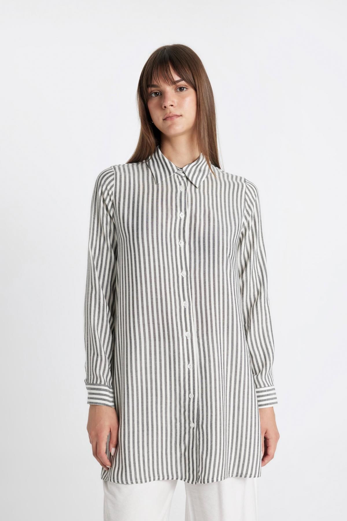 Regular Fit Gömlek Yaka Çizgili Uzun Kollu Tunik D4409AX24HS