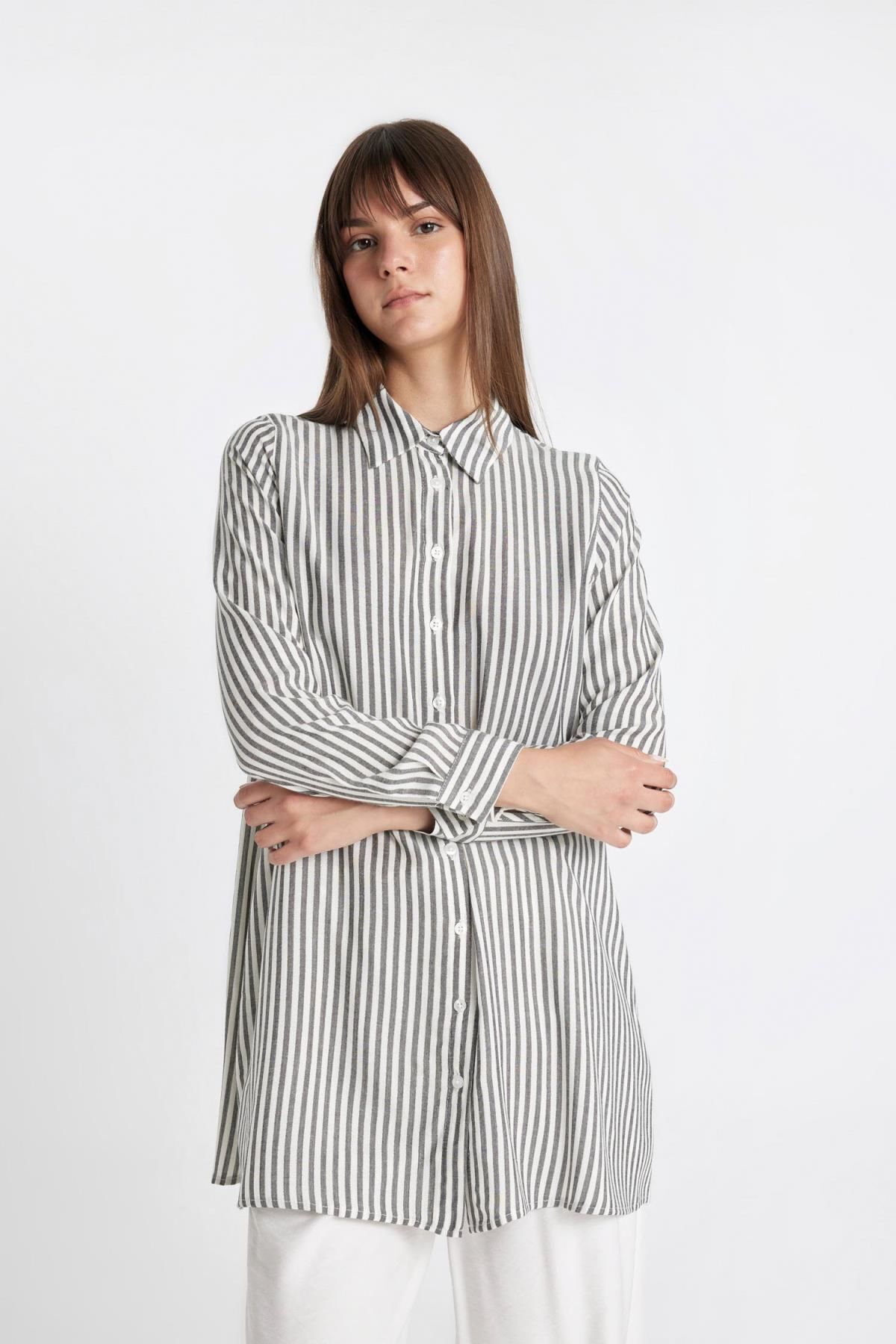 Regular Fit Gömlek Yaka Çizgili Uzun Kollu Tunik D4409AX24HS
