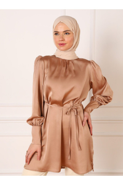 Saten Balon Kol Tunik - Vizon - Refka Saten Balon Kol Tunik - Vizon - Refka