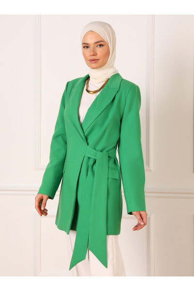 Keten Görünümlü Bağlama Detaylı Klasik Ceket - Yeşil - Refka