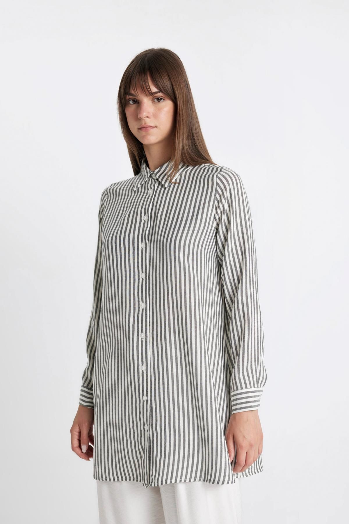 Regular Fit Gömlek Yaka Çizgili Uzun Kollu Tunik D4409AX24HS