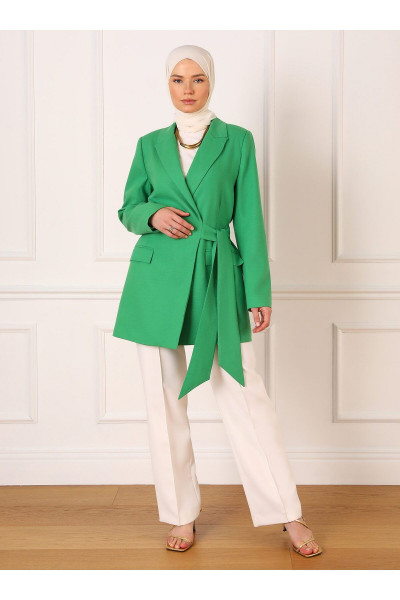 Keten Görünümlü Bağlama Detaylı Klasik Ceket - Yeşil - Refka