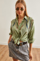 Kadın Sulu Küf Yeşili Palmiye Pul Detaylı Dokuma Gömlek GML-19001225