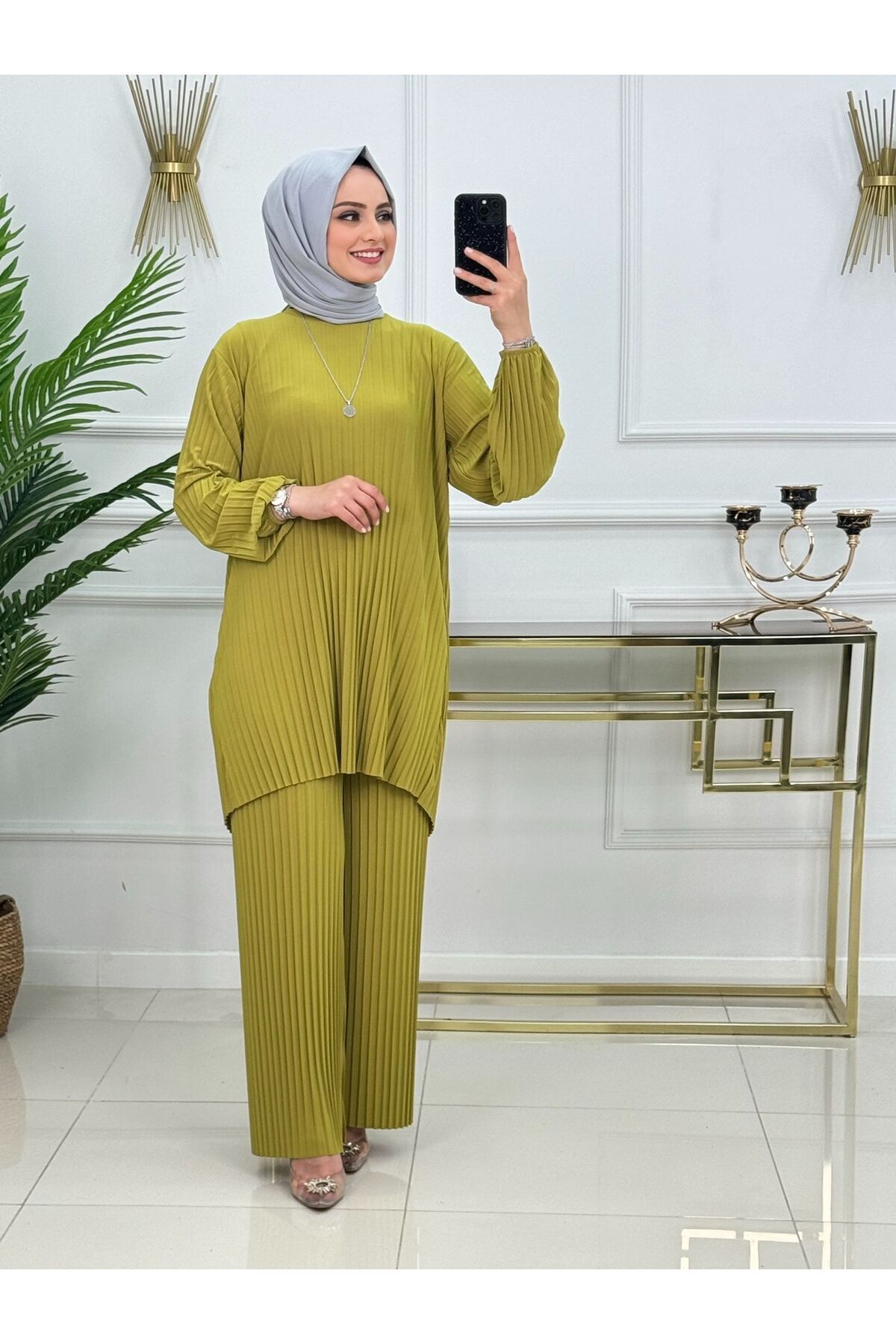 Yeşim Takım Sandy Kumaş Pantolon Tunik İkili Yazlık Tesettür Giyim ST2171