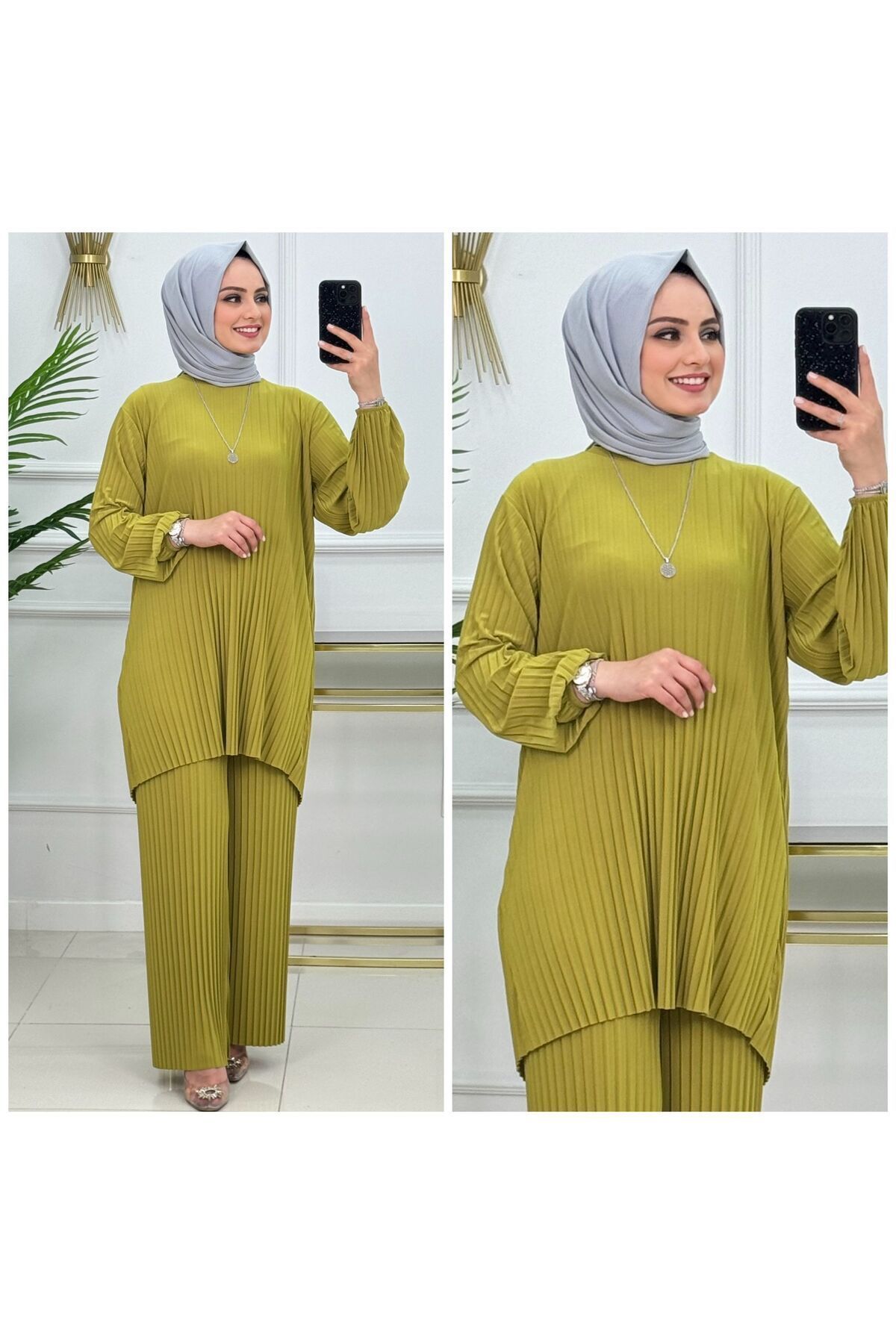 Yeşim Takım Sandy Kumaş Pantolon Tunik İkili Yazlık Tesettür Giyim ST2171