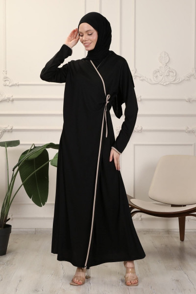 Siyah Kruvaze Yaka Biyeli Esnek Interlok Kumaş Namaz Elbisesi Siyah Kruvaze Yaka Biyeli Esnek Interlok Kumaş Namaz Elbisesi