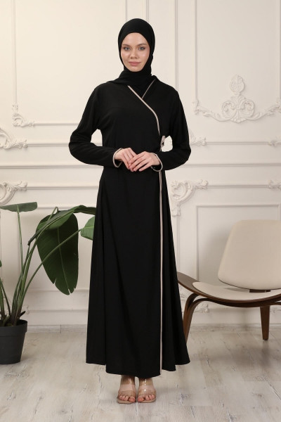 Siyah Kruvaze Yaka Biyeli Esnek Interlok Kumaş Namaz Elbisesi Siyah Kruvaze Yaka Biyeli Esnek Interlok Kumaş Namaz Elbisesi