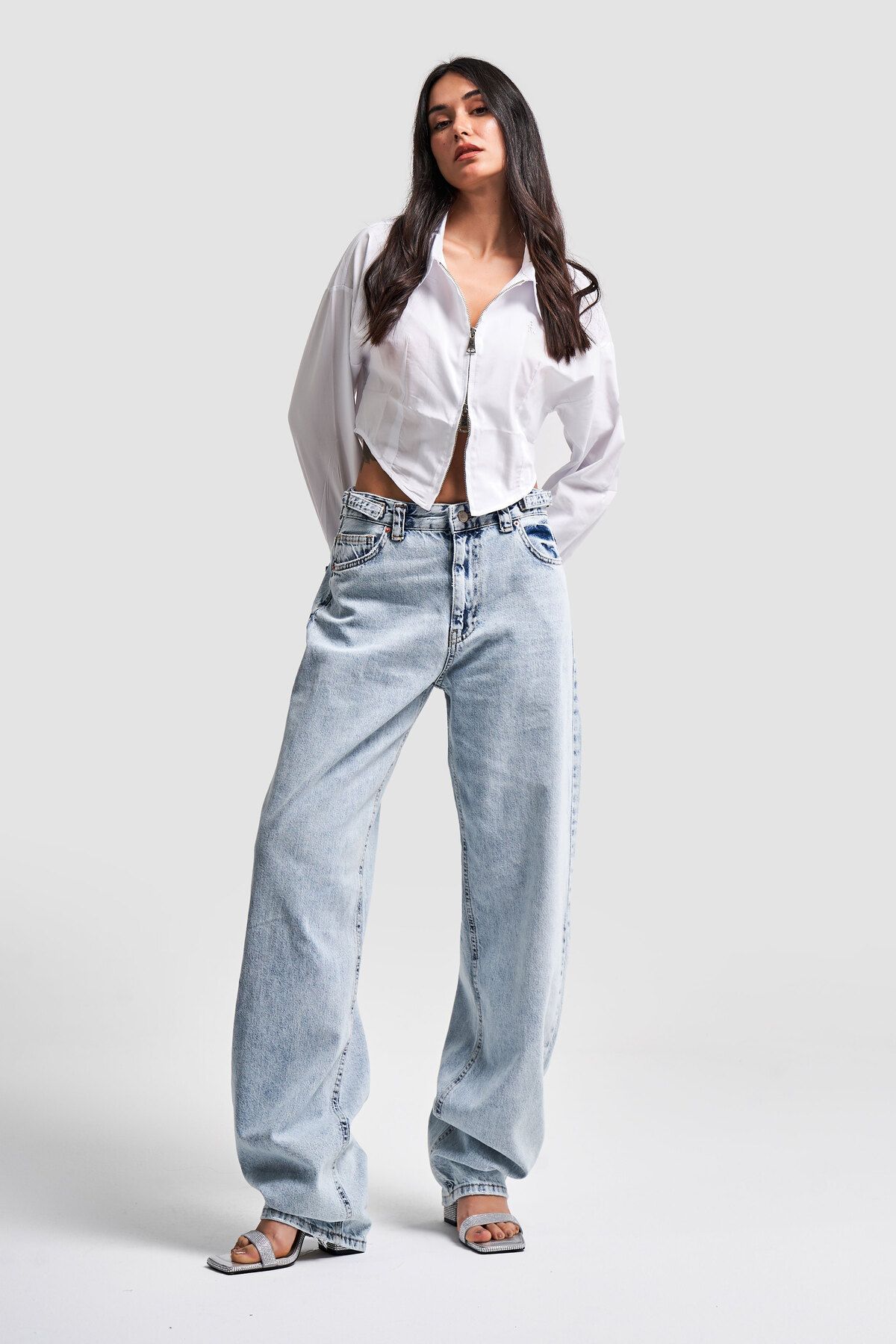 Kadın Snow Kot Rengi Süper Uzun Baggy Fit Denim Kadın Snow Kot Rengi Süper Uzun Baggy Fit Denim