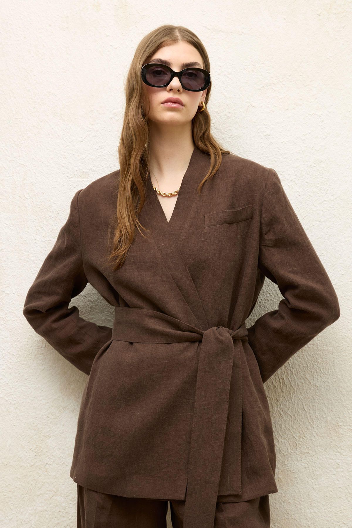 KETEN KRUVAZE BLAZER CEKET ACI KAHVE KETEN KRUVAZE BLAZER CEKET ACI KAHVE