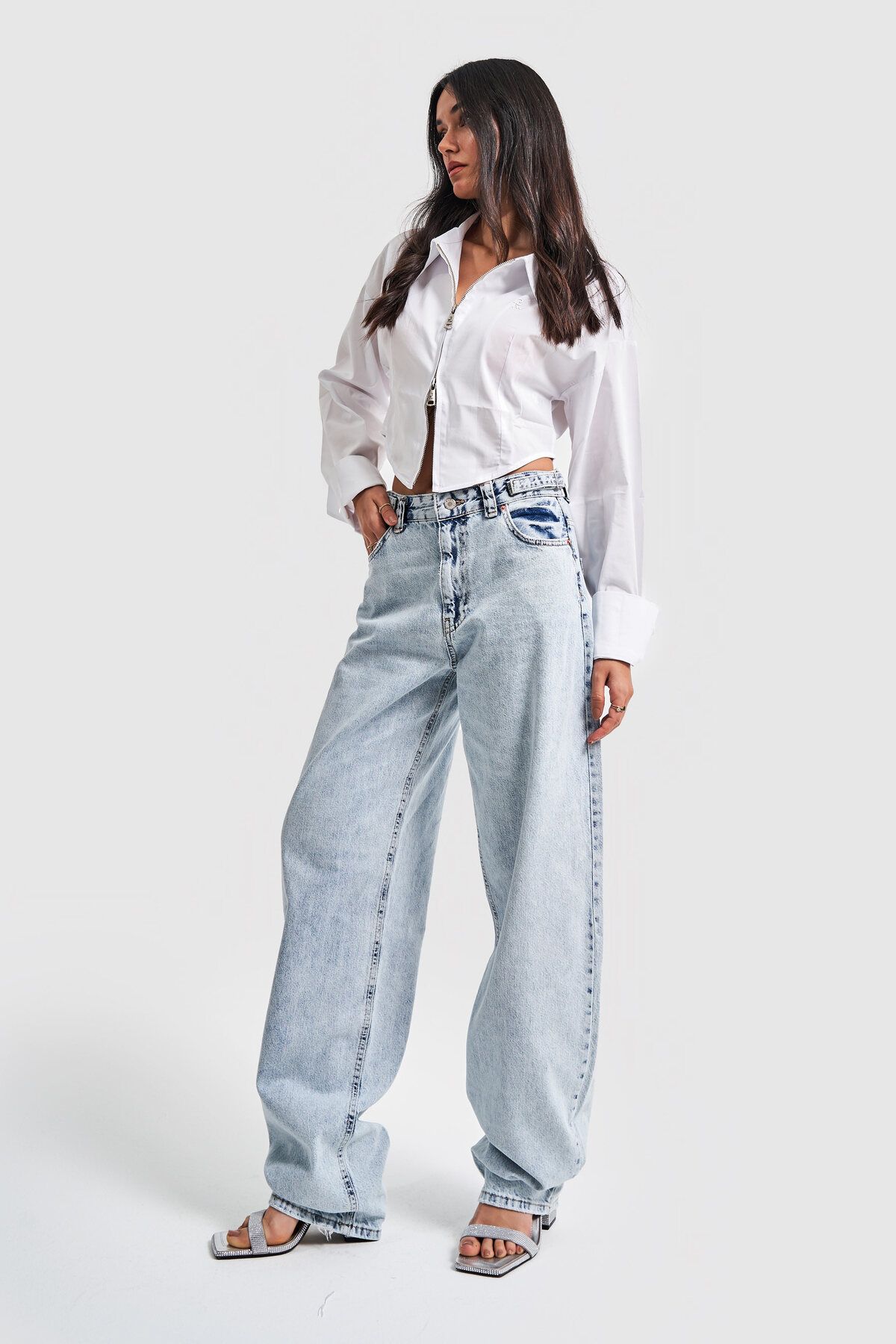 Kadın Snow Kot Rengi Süper Uzun Baggy Fit Denim Kadın Snow Kot Rengi Süper Uzun Baggy Fit Denim