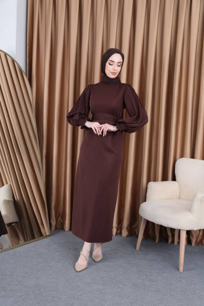 Kolu Piliseli Elbise Kahve