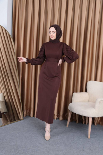 Kolu Piliseli Elbise Kahve