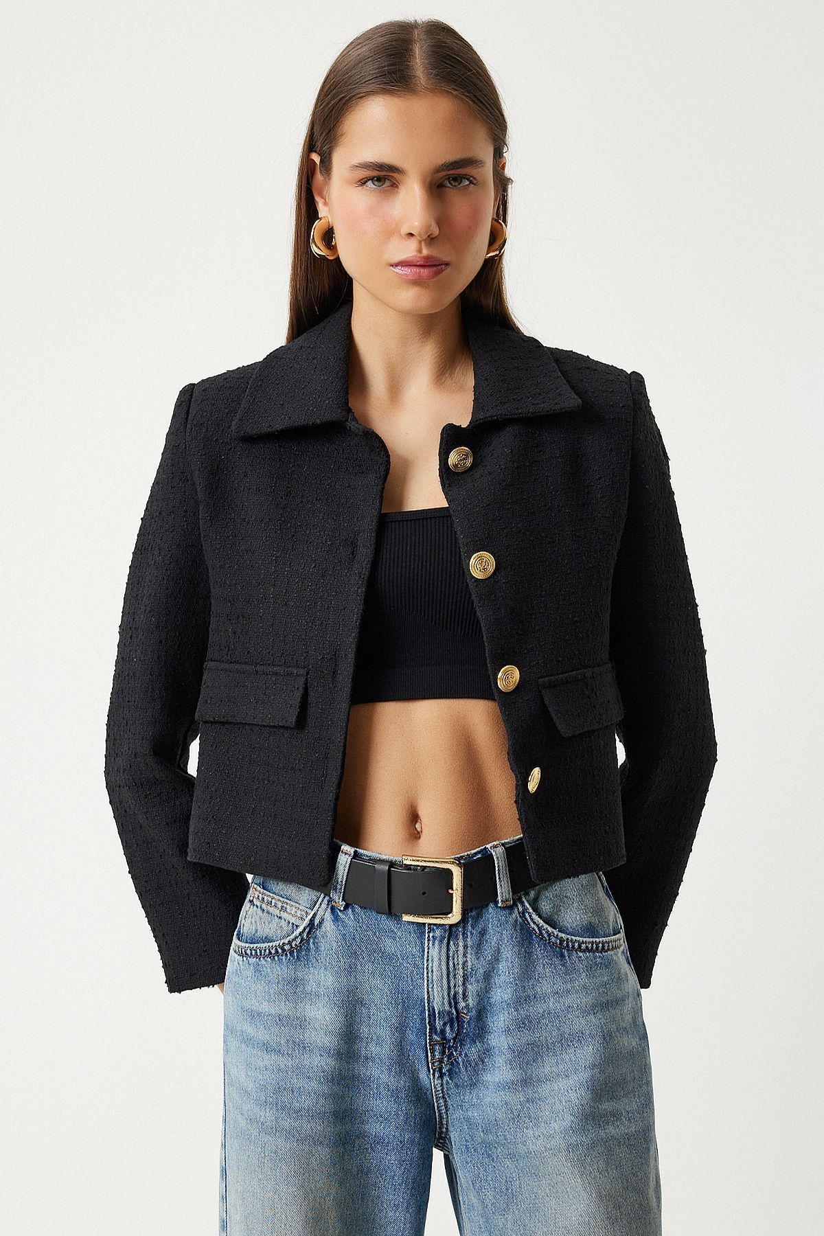 Tüvit Crop Blazer Ceket Siyah Lto0002 Tüvit Crop Blazer Ceket Siyah Lto0002