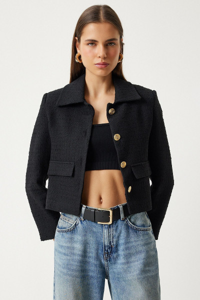 Tüvit Crop Blazer Ceket Siyah Lto0002