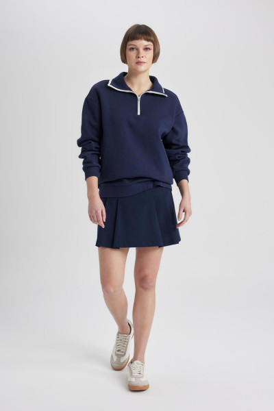 Relax Fit Polo Yaka Yarım Fermuarlı Basic Düz Sweatshirt C1930ax23wn