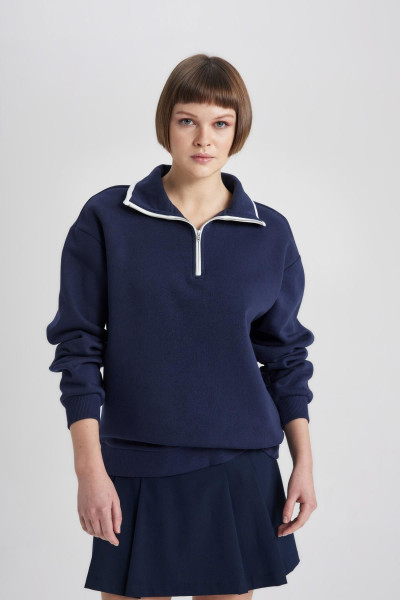 Relax Fit Polo Yaka Yarım Fermuarlı Basic Düz Sweatshirt C1930ax23wn