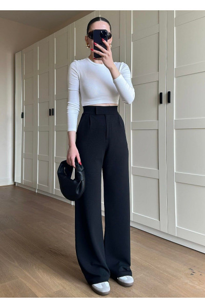 Kadın Yüksk Bel Cırtlı Siyah Palazzo Pantolon  Likralı Esnek Kadın Yüksk Bel Cırtlı Siyah Palazzo Pantolon  Likralı Esnek