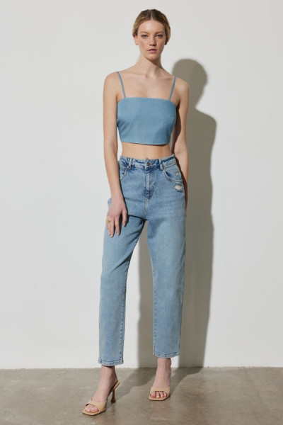 Mom Fit Yüksek Bel Dar Paça Vintage Cut Kadın Mavi Pamuklu Esnek Jean Kot Pantolon Mom Fit Yüksek Bel Dar Paça Vintage Cut Kadın Mavi Pamuklu Esnek Jean Kot Pantolon