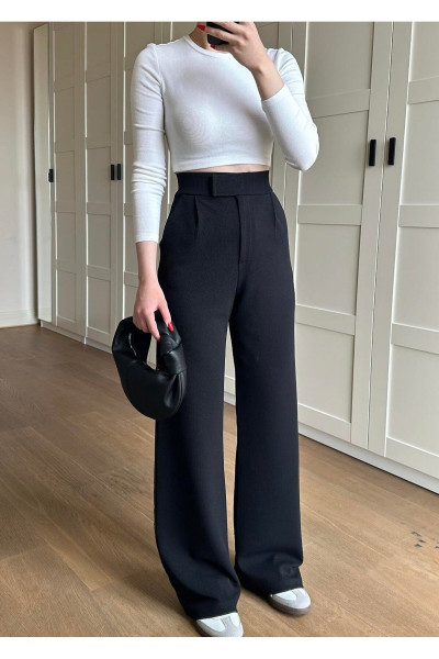 Kadın Yüksk Bel Cırtlı Siyah Palazzo Pantolon  Likralı Esnek Kadın Yüksk Bel Cırtlı Siyah Palazzo Pantolon  Likralı Esnek