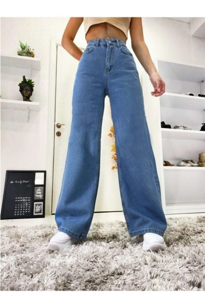 Orta Mavi Power Likralı Süper Yüksek Bel Salaş Jeans Palazzo Pantolon Orta Mavi Power Likralı Süper Yüksek Bel Salaş Jeans Palazzo Pantolon