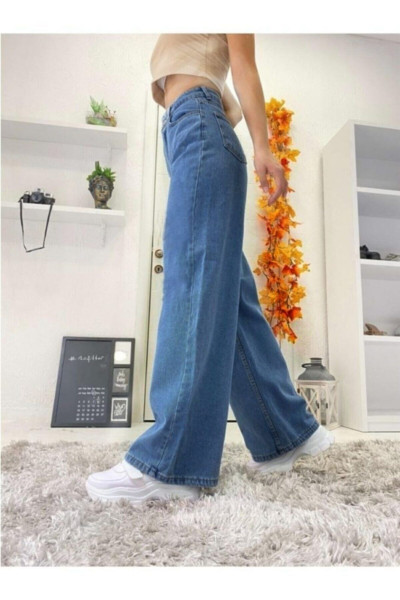 Orta Mavi Power Likralı Süper Yüksek Bel Salaş Jeans Palazzo Pantolon Orta Mavi Power Likralı Süper Yüksek Bel Salaş Jeans Palazzo Pantolon