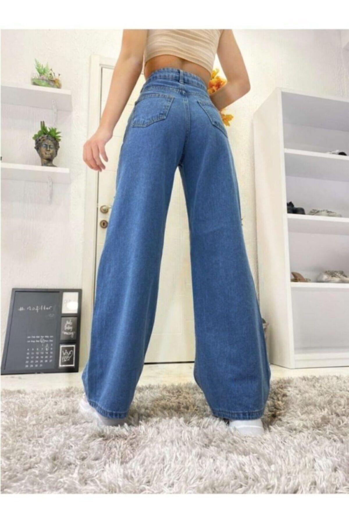 Orta Mavi Power Likralı Süper Yüksek Bel Salaş Jeans Palazzo Pantolon Orta Mavi Power Likralı Süper Yüksek Bel Salaş Jeans Palazzo Pantolon
