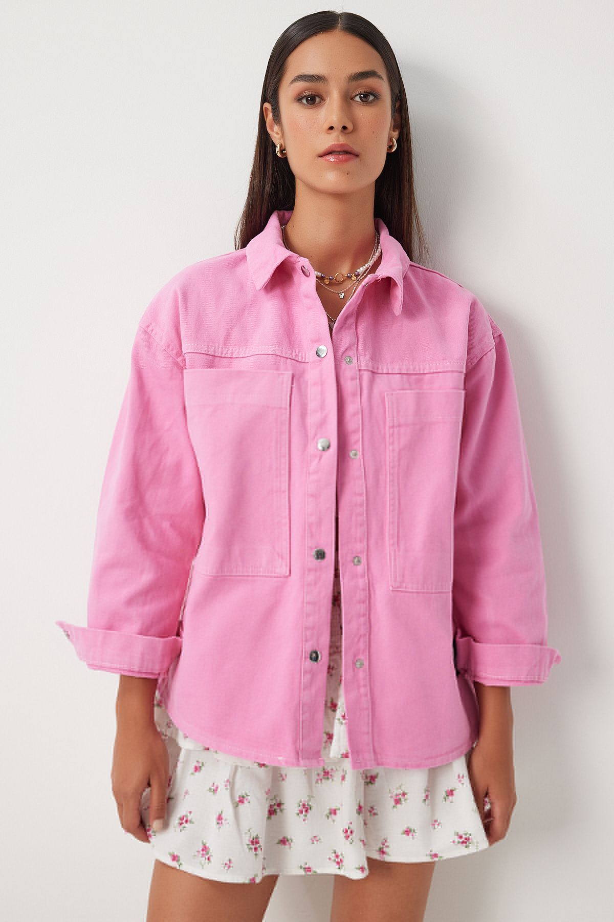 Kadın Pembe Cepli Oversize Gabardin Ceket RV00190 Kadın Pembe Cepli Oversize Gabardin Ceket RV00190