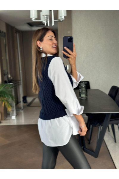 Lacivert Beyaz Gömlekli Triko Kadın Süveter Lacivert Beyaz Gömlekli Triko Kadın Süveter