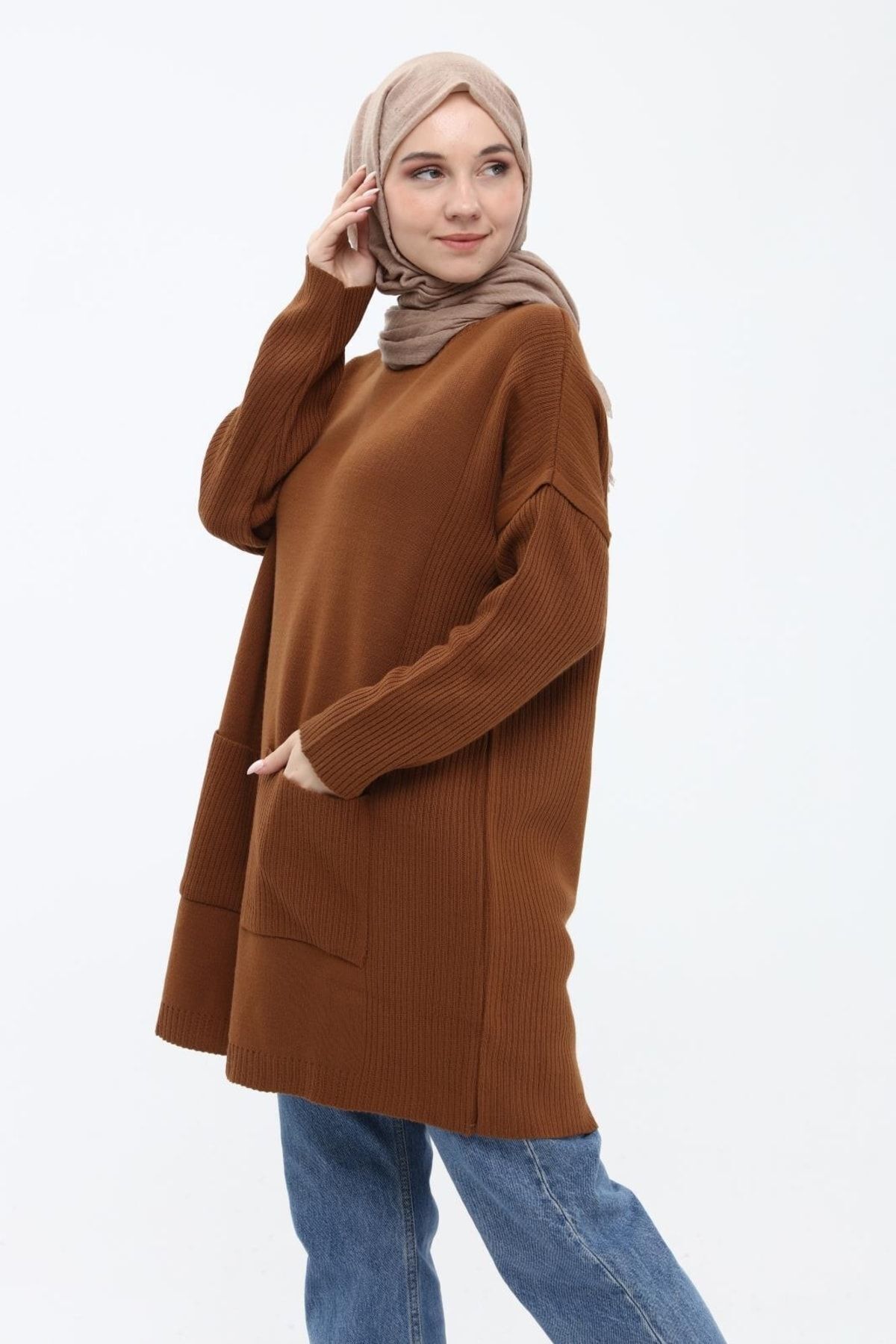 Kadın Taba Çift Cepli Tesettür Uzun Tesettür Triko Tunik 4305 Kadın Taba Çift Cepli Tesettür Uzun Tesettür Triko Tunik 4305
