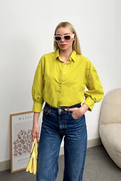 Kadın Yağ Yeşili Balon Kol Gizli Patlı Dokuma Gömlek