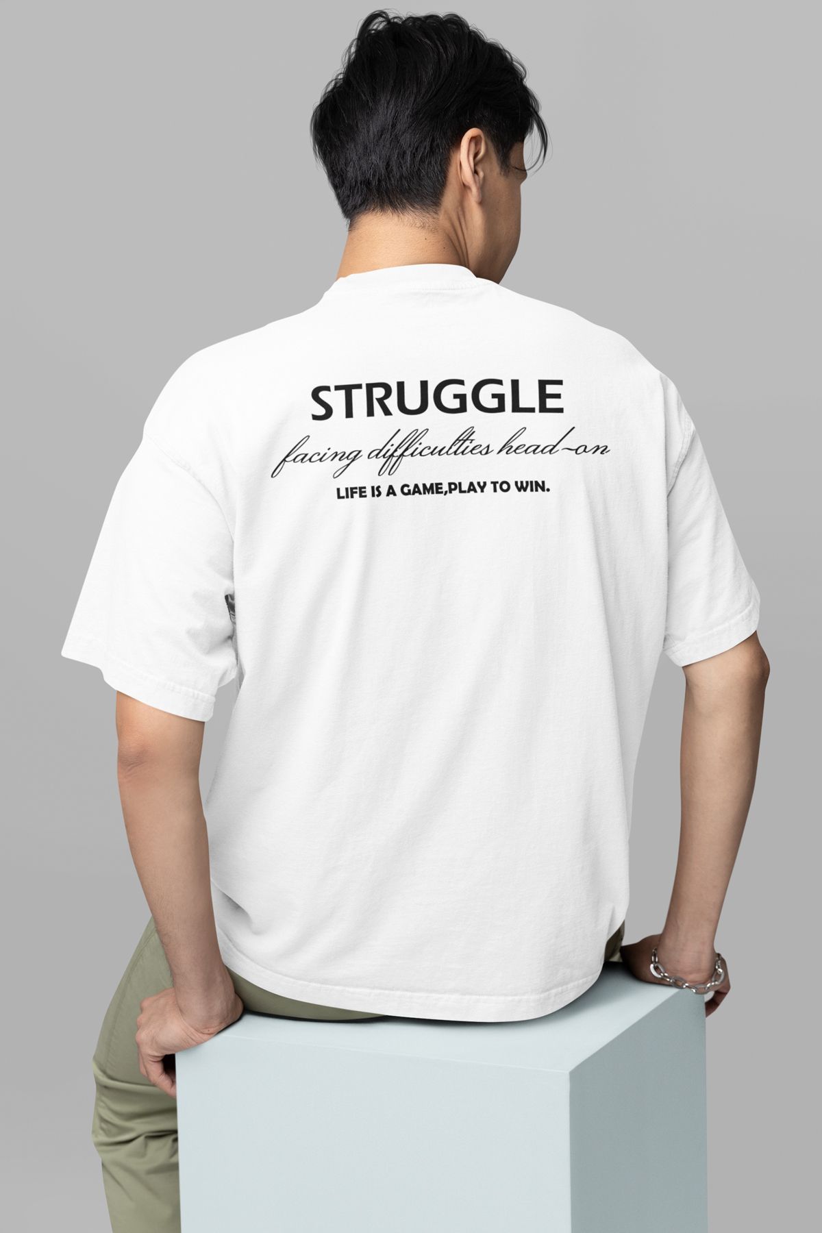 Unisex Beyaz Siyah Struggle Baskılı Bisiklet Yaka Oversize Tişört