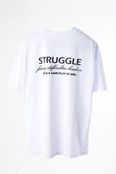 Unisex Beyaz Siyah Struggle Baskılı Bisiklet Yaka Oversize Tişört Unisex Beyaz Siyah Struggle Baskılı Bisiklet Yaka Oversize Tişört