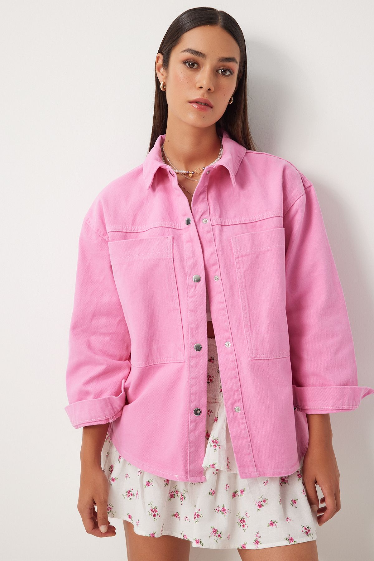 Kadın Pembe Cepli Oversize Gabardin Ceket RV00190 Kadın Pembe Cepli Oversize Gabardin Ceket RV00190