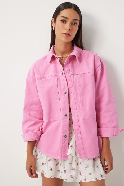 Kadın Pembe Cepli Oversize Gabardin Ceket RV00190
