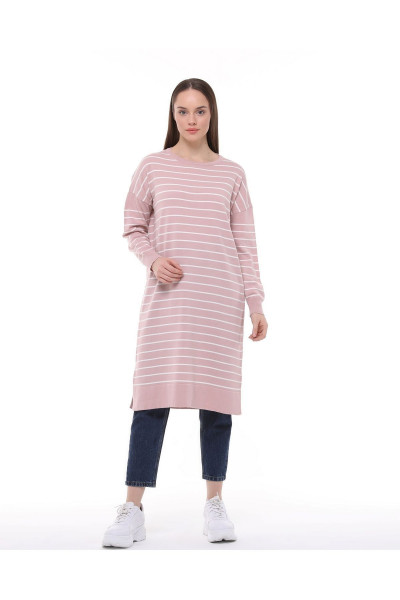 Kadın Pudra Pembe Çizgili Uzun Triko Tesettür Tunik Kadın Pudra Pembe Çizgili Uzun Triko Tesettür Tunik