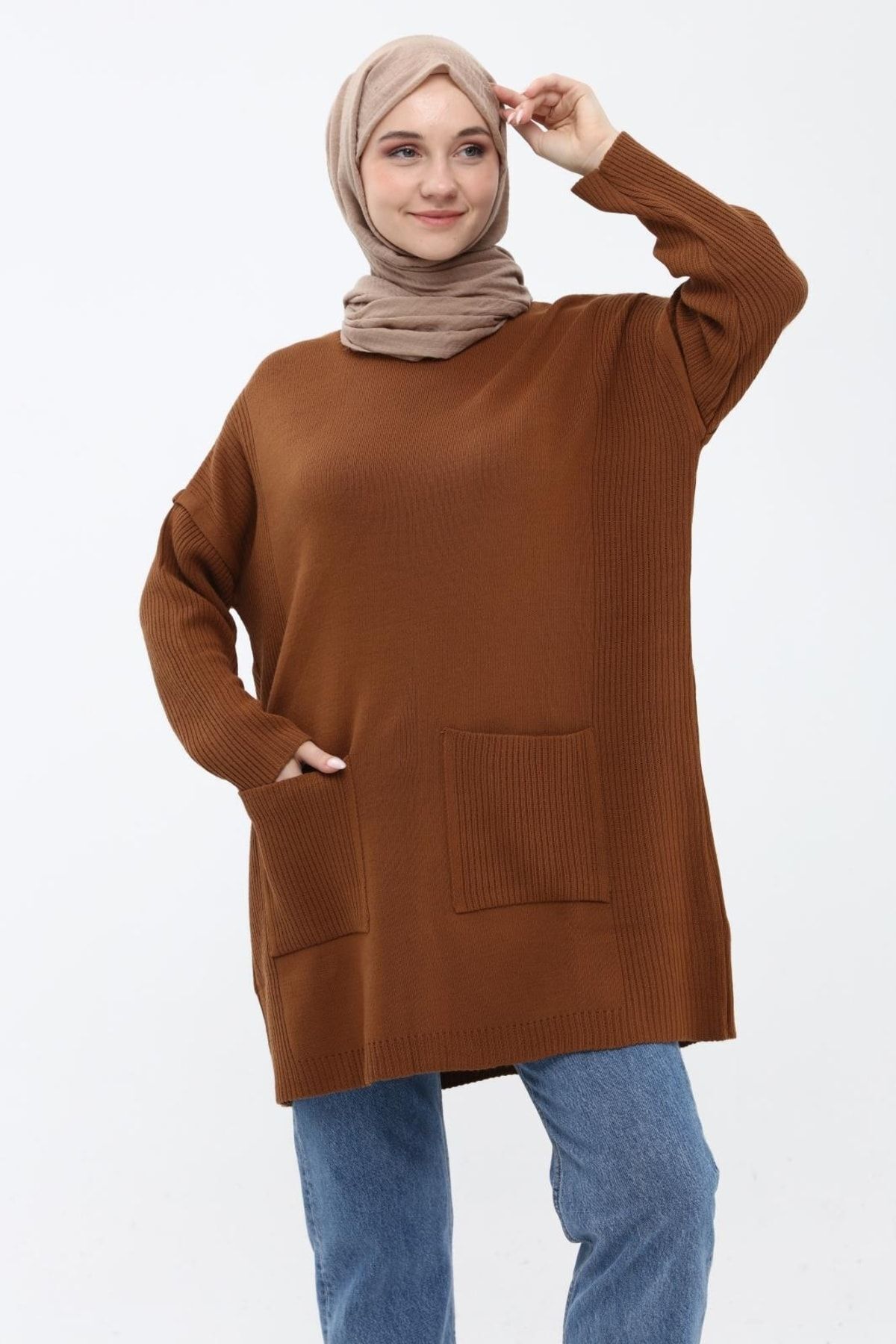 Kadın Taba Çift Cepli Tesettür Uzun Tesettür Triko Tunik 4305 Kadın Taba Çift Cepli Tesettür Uzun Tesettür Triko Tunik 4305