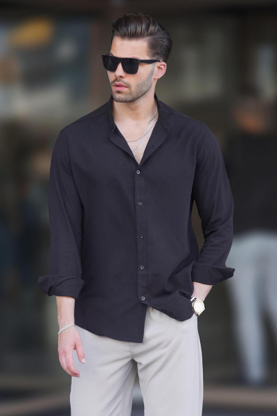 Siyah Hakim Yaka Keten Görünümlü Pamuklu Uzun Kollu Erkek Gömlek 6745 Siyah Hakim Yaka Keten Görünümlü Pamuklu Uzun Kollu Erkek Gömlek 6745