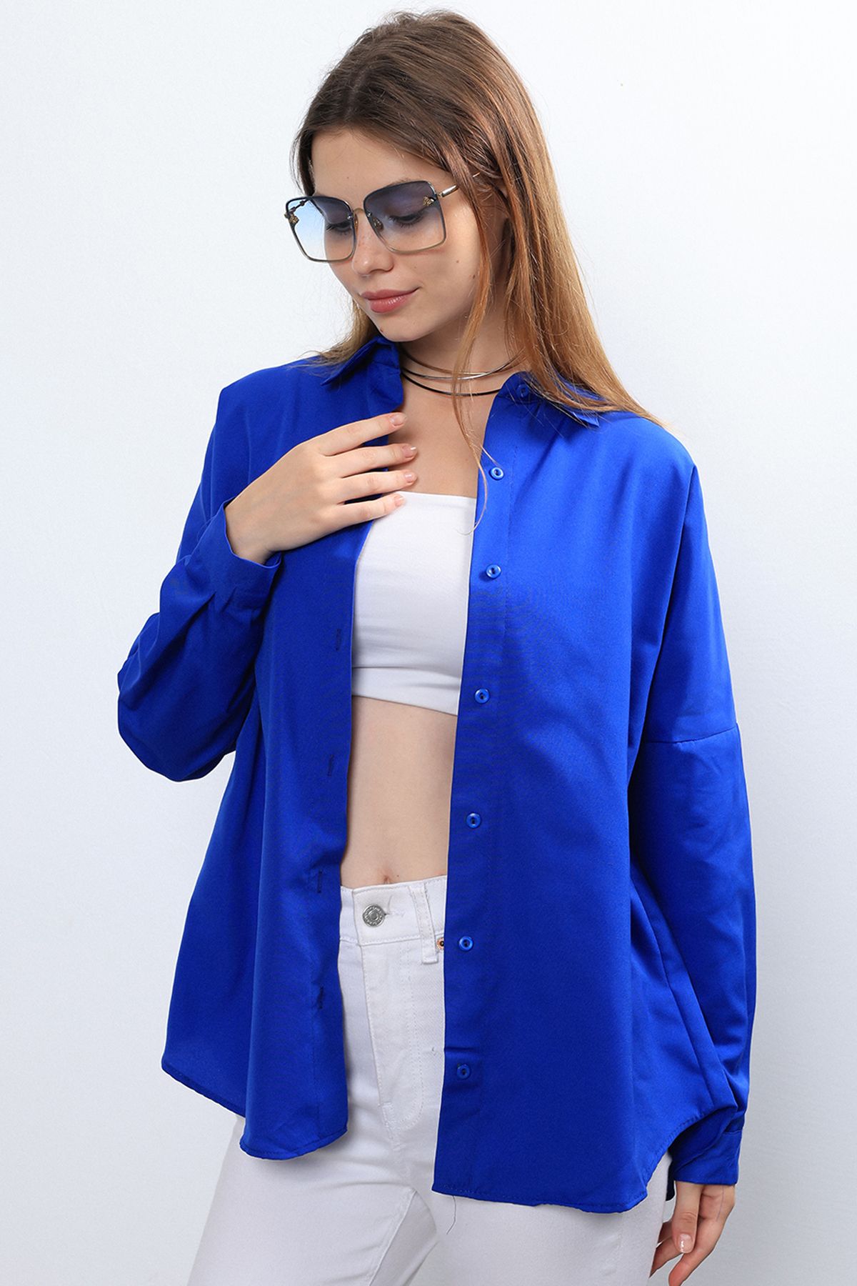 Ylz Oversize Kadın Saks Mavisi Gömlek - Oversize Uzun Basic Gömlek Ylz Oversize Kadın Saks Mavisi Gömlek - Oversize Uzun Basic Gömlek